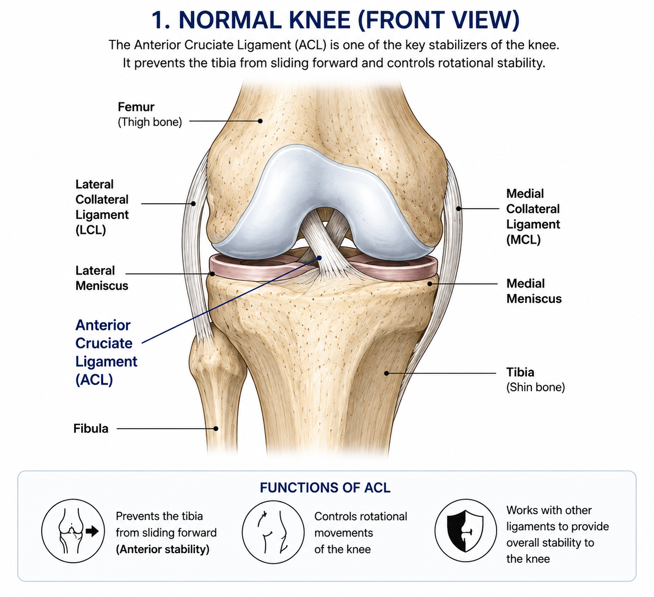 Front-view anatomy of a normal knee showing the ACL, menisci, collateral ligaments, femur, tibia and fibula.