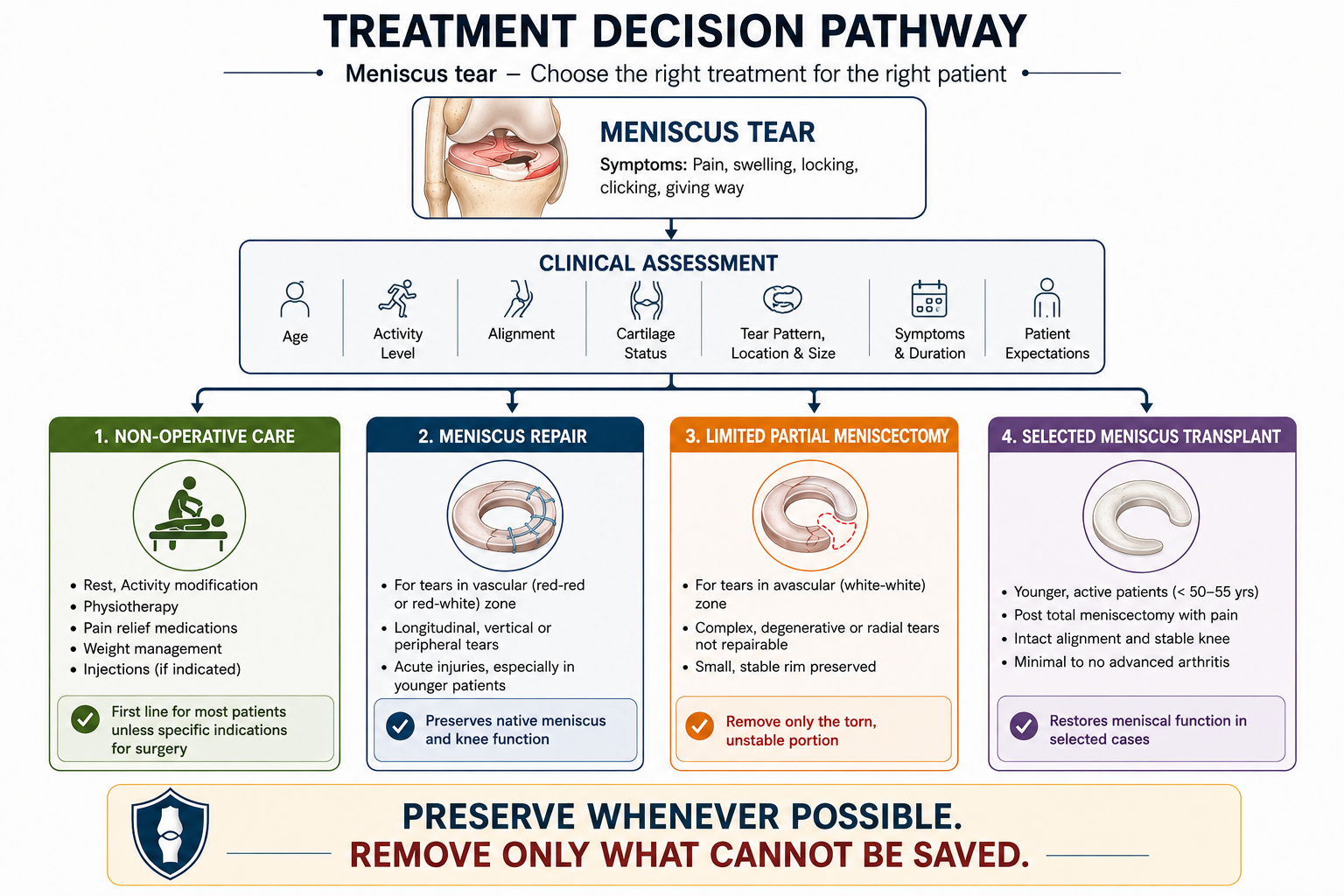 Meniscus tear treatment decision pathway: non-operative care, meniscus repair, limited partial meniscectomy, selected meniscus transplant. Dr. Prashant Parate