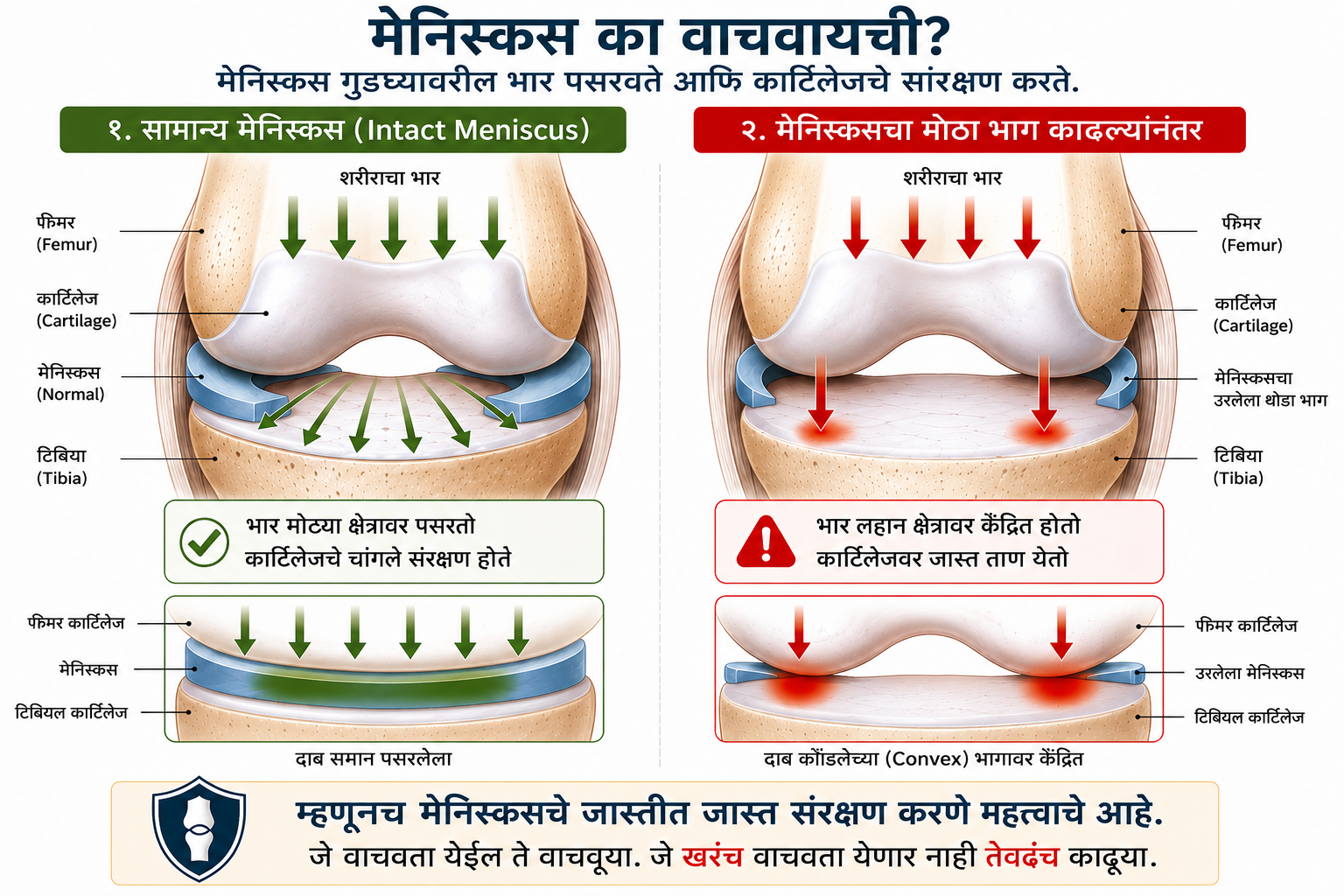 मेनिस्कस का वाचवायची? सामान्य मेनिस्कस विरुद्ध मेनिस्कसचा मोठा भाग काढल्यानंतर load distribution. डॉ. प्रशांत पराते